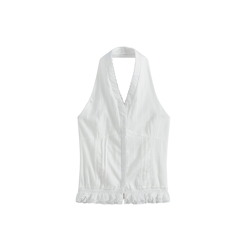Halter top s čipkom, Slim fit, jednobojni uzorak, ljeto 2025, halter traka