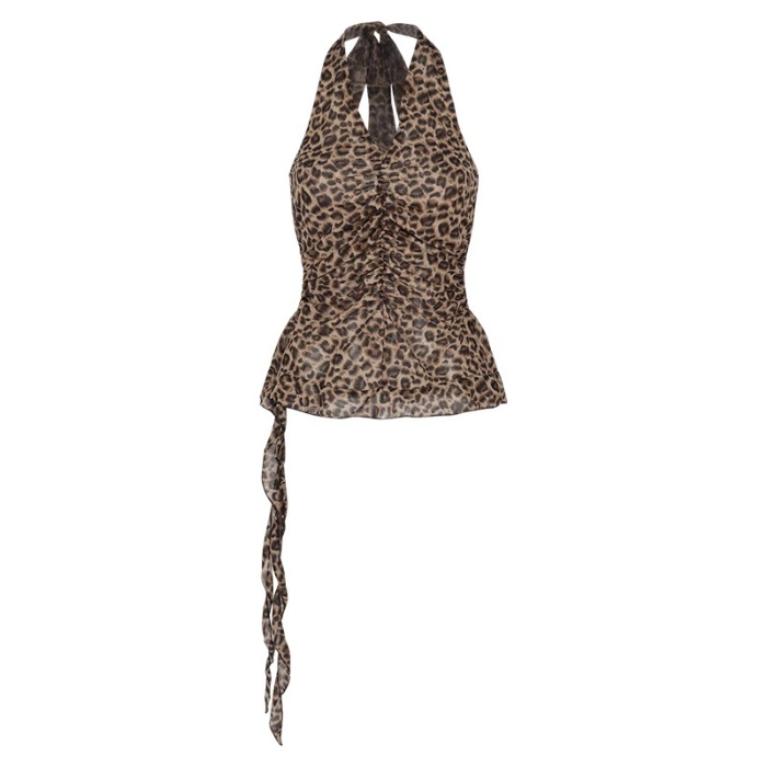 Ženski top s halterom i V izrezom, leopard print, PVC materijal, odvojive naramenice, proljeće 2025