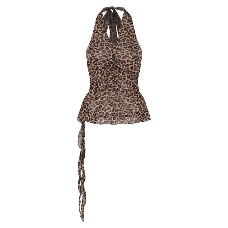 Ženski top s halterom i V izrezom, leopard print, PVC materijal, odvojive naramenice, proljeće 2025