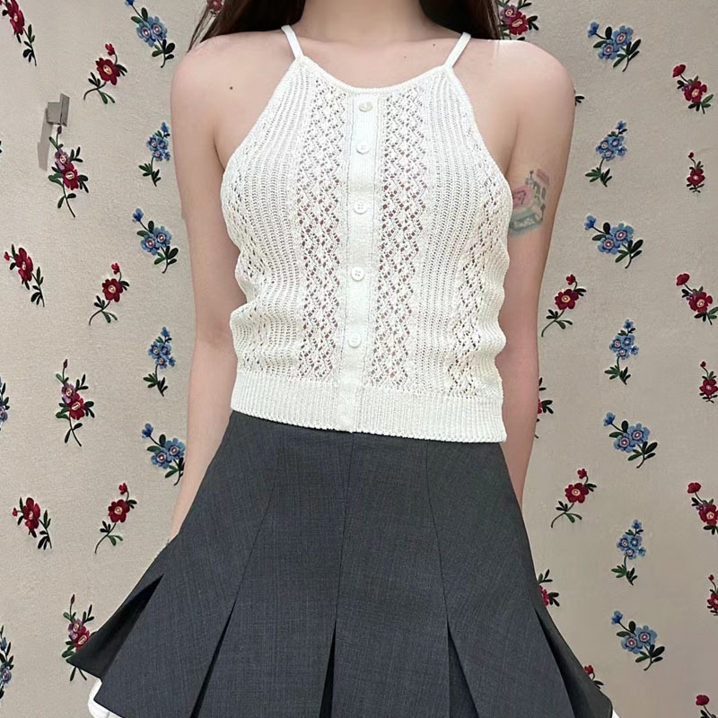 Τοπ βάσης από πλέξη με halter λαιμό, στενή γραμμή, μονόχρωμο βαμβακερό μείγμα, 30-50% περιεκτικότητα σε βαμβάκι, για γυναίκες