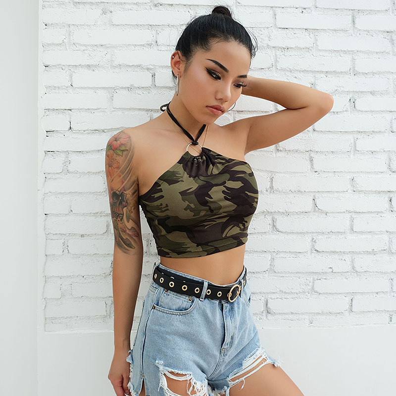 Camisola od mliječne svile s maskirnim uzorkom, halter, leđa gole, bez rukava (Materijal: Milk Silk; Uzorak: Camouflage; Stil: Halter)