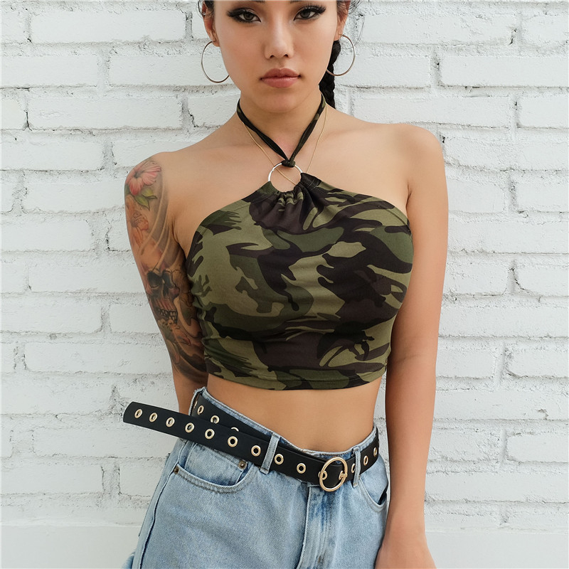Camisola od mliječne svile s maskirnim uzorkom, halter, leđa gole, bez rukava (Materijal: Milk Silk; Uzorak: Camouflage; Stil: Halter)