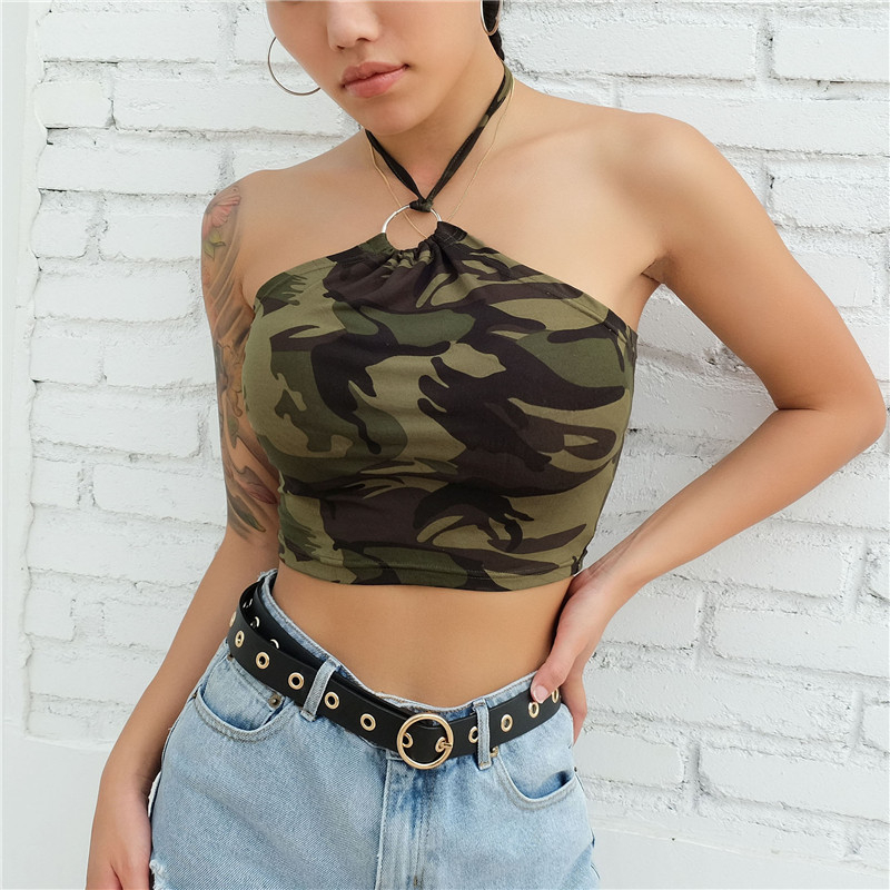 Camisola od mliječne svile s maskirnim uzorkom, halter, leđa gole, bez rukava (Materijal: Milk Silk; Uzorak: Camouflage; Stil: Halter)