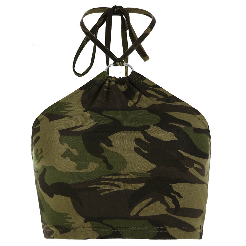 Camisola od mliječne svile s maskirnim uzorkom, halter, leđa gole, bez rukava (Materijal: Milk Silk; Uzorak: Camouflage; Stil: Halter)