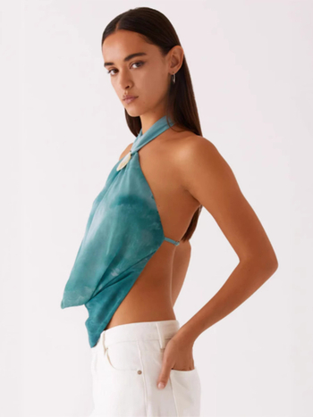 Hálternyakú ujjatlan felső, hátul nyitott, kagyló díszítés, poliészter, karcsú szabás