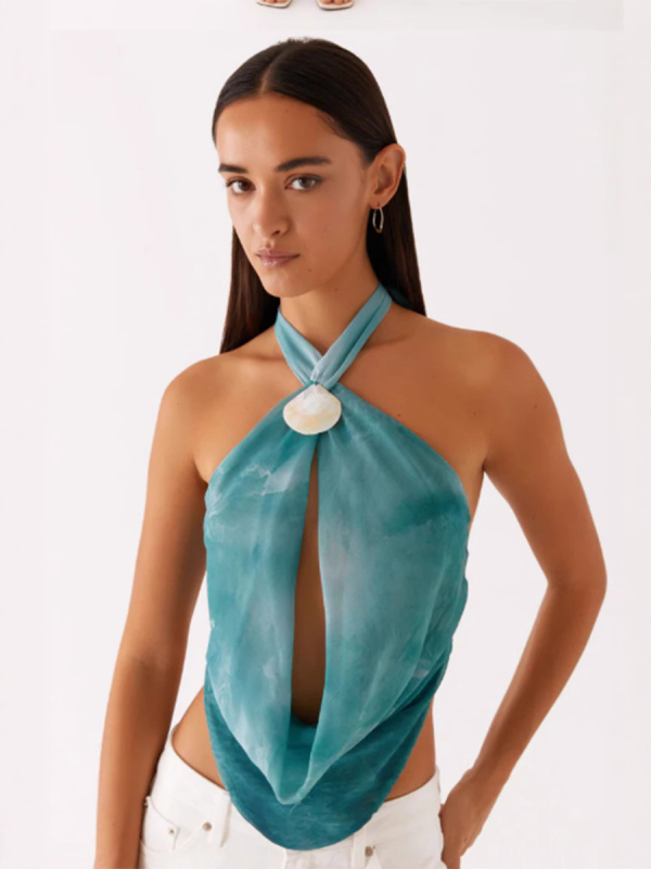 Hálternyakú ujjatlan felső, hátul nyitott, kagyló díszítés, poliészter, karcsú szabás