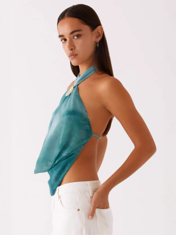 Hálternyakú ujjatlan felső, hátul nyitott, kagyló díszítés, poliészter, karcsú szabás