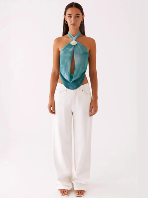 Hálternyakú ujjatlan felső, hátul nyitott, kagyló díszítés, poliészter, karcsú szabás