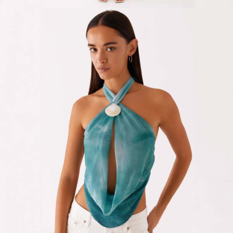 Hálternyakú ujjatlan felső, hátul nyitott, kagyló díszítés, poliészter, karcsú szabás