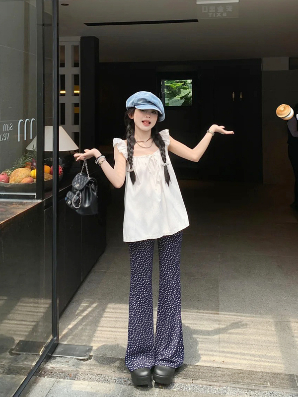 Pamuk majica-top slobodnog kroja s detaljem mašne, silueta baby-doll bluze, naramenice nisu uklonjive, stil Korean-Japanese Leisure, srednja duljina 50–65 cm
