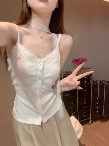 Čipkasti camisole top – stil sling/Korejski stil, uski kroj, pamuk 80-90%, dvostruke naramenice, ljeto 2025