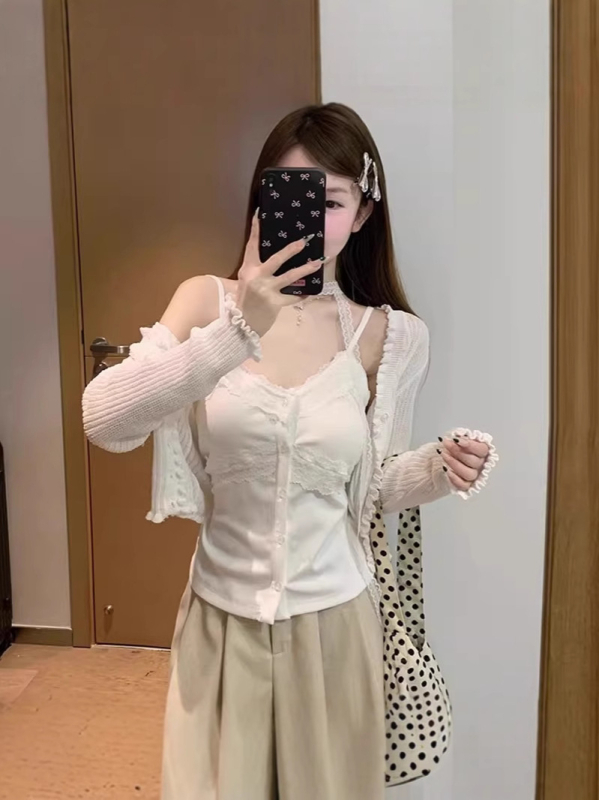 Čipkasti camisole top – stil sling/Korejski stil, uski kroj, pamuk 80-90%, dvostruke naramenice, ljeto 2025