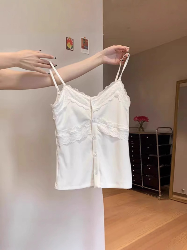 Čipkasti camisole top – stil sling/Korejski stil, uski kroj, pamuk 80-90%, dvostruke naramenice, ljeto 2025