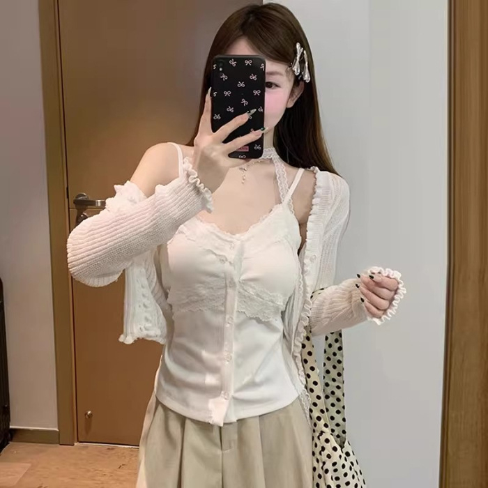 Čipkasti camisole top – stil sling/Korejski stil, uski kroj, pamuk 80-90%, dvostruke naramenice, ljeto 2025