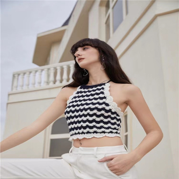 Ženski halter top bez leđa, sling stil, uski kroj, karirani uzorak, tkanina od pamuk-poliester smjese