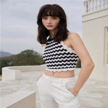 Ženski halter top bez leđa, sling stil, uski kroj, karirani uzorak, tkanina od pamuk-poliester smjese