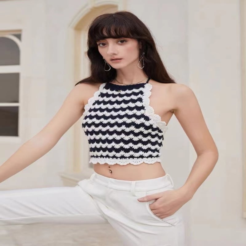 Ženski halter top bez leđa, sling stil, uski kroj, karirani uzorak, tkanina od pamuk-poliester smjese