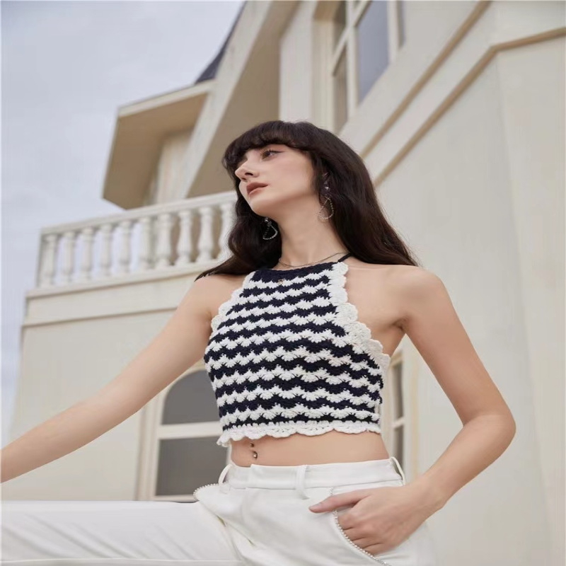 Ženski halter top bez leđa, sling stil, uski kroj, karirani uzorak, tkanina od pamuk-poliester smjese