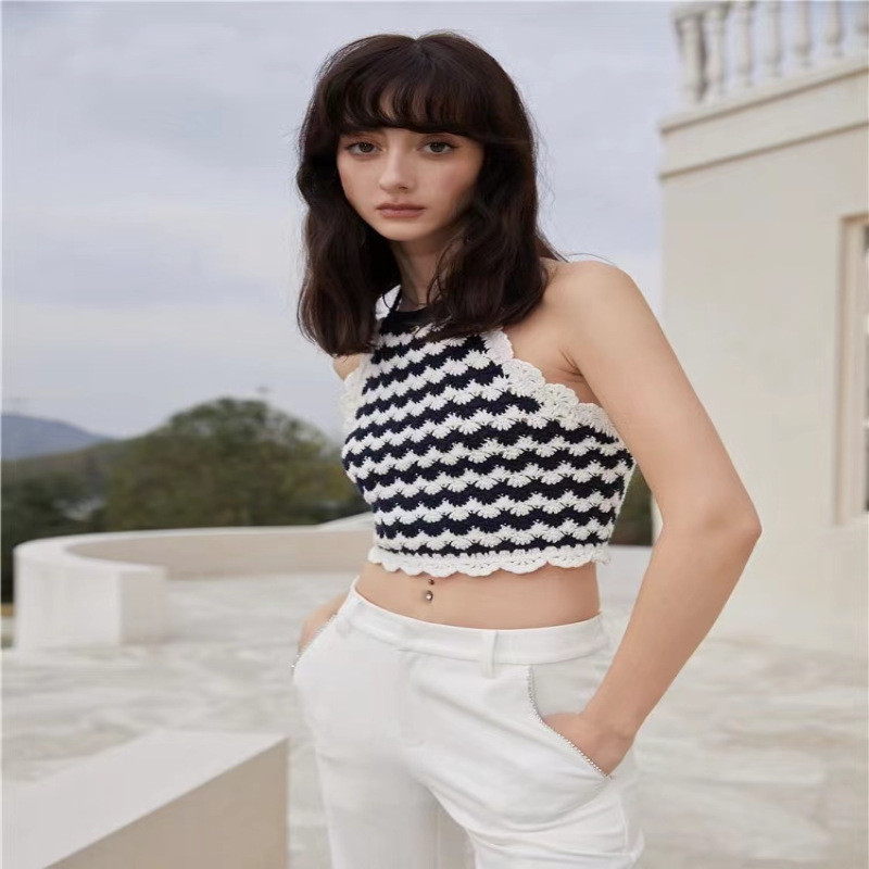 Ženski halter top bez leđa, sling stil, uski kroj, karirani uzorak, tkanina od pamuk-poliester smjese