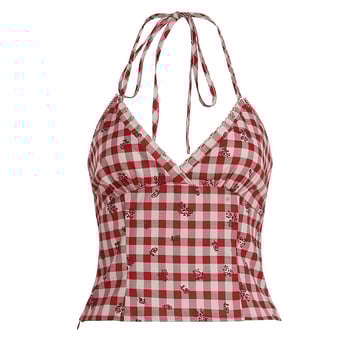 V-nyakú camisole felső, halter pántok, kockás mintázat, karcsú szabás, poliészter