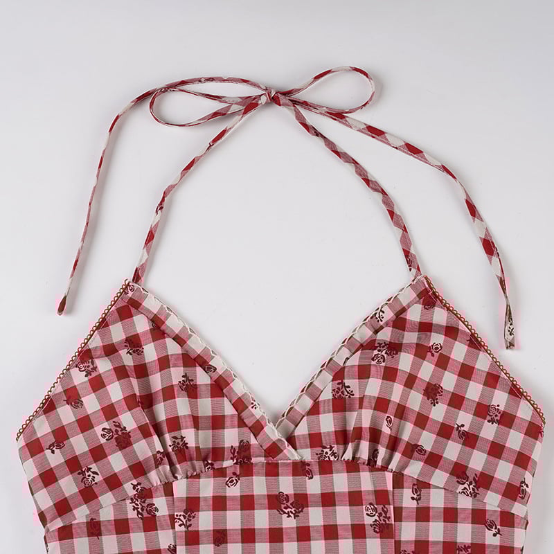 V-nyakú camisole felső, halter pántok, kockás mintázat, karcsú szabás, poliészter