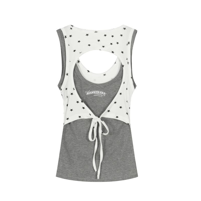 Ženski camisole top s karikaturnim uzorkom, lažni dvodijelni dizajn, udoban kroj, duljina 50–65 cm, pamuk 50–70%, mikroelastičnost
