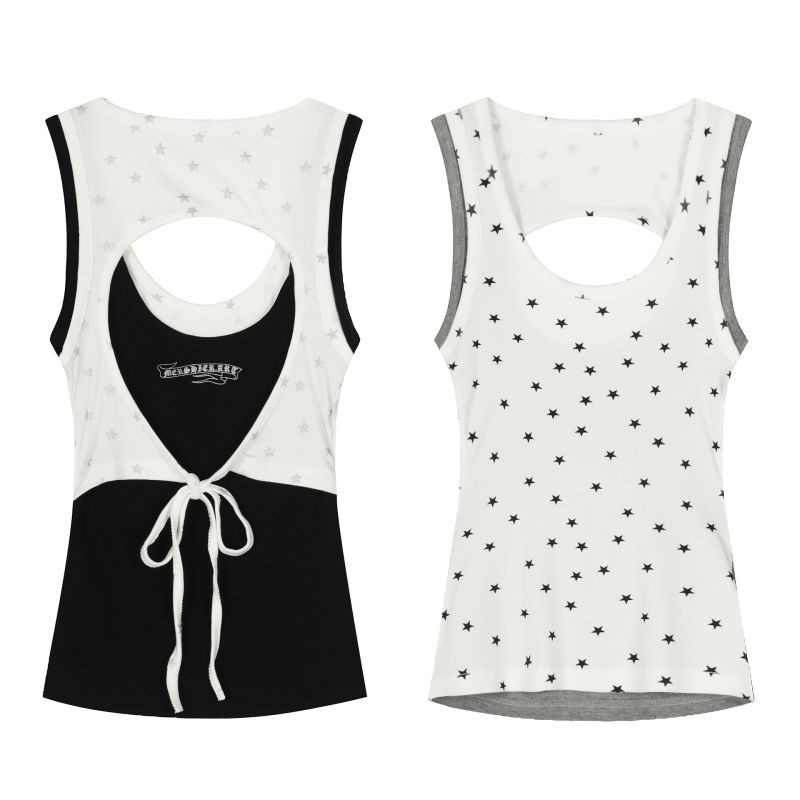 Ženski camisole top s karikaturnim uzorkom, lažni dvodijelni dizajn, udoban kroj, duljina 50–65 cm, pamuk 50–70%, mikroelastičnost