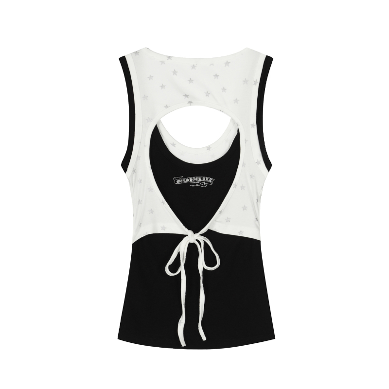Ženski camisole top s karikaturnim uzorkom, lažni dvodijelni dizajn, udoban kroj, duljina 50–65 cm, pamuk 50–70%, mikroelastičnost