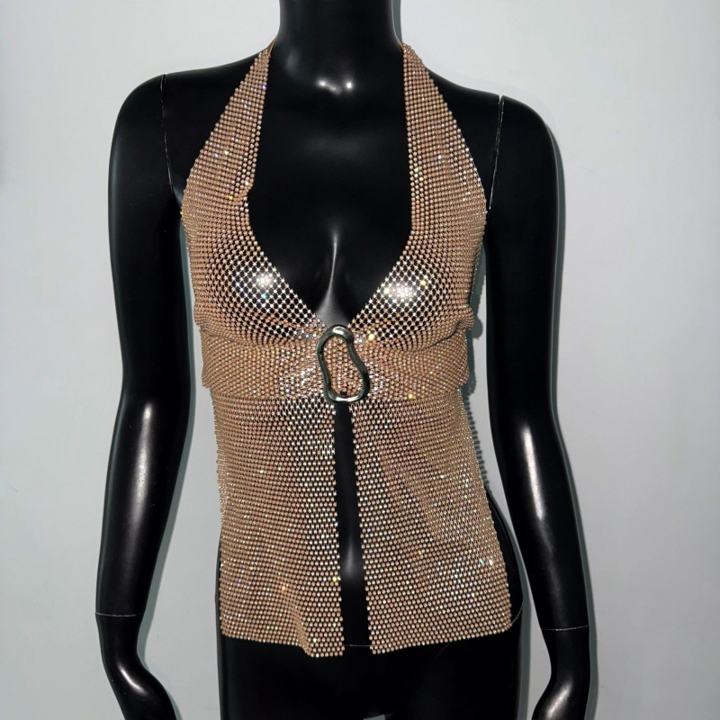 Τοπ με halterneck χωρίς πλάτη, διχτυωτή διακόσμηση με στρας, τιράντες με κορδόνι, γεωμετρικό μοτίβο, πολυεστέρας, στενή γραμμή