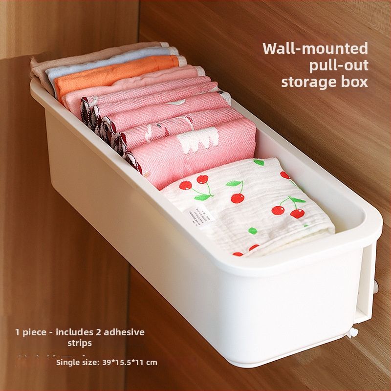 Plastmasas sienas uzglabāšanas kastīte ar atvilktni paredzēta zīdaiņu zeķēm un siekalām lakatiem; bez urbšanas; mūsdienīgs minimalistisks stils; daudzfunkcionāls