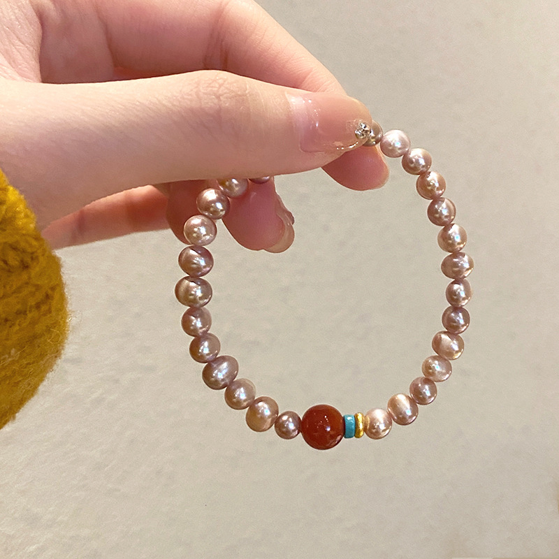 Brățară cu perle naturale de apă dulce, lucrată manual, stil vintage, accent cu agat, accesoriu pentru femei, iarnă 2024