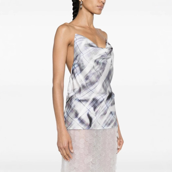 Τοπ σλιγκ με ανοιχτή πλάτη, σατέν μοτίβο καρό/πλέγμα, Cupro ίνα 30–50%, μικροελαστικότητα, άνοιξη 2025