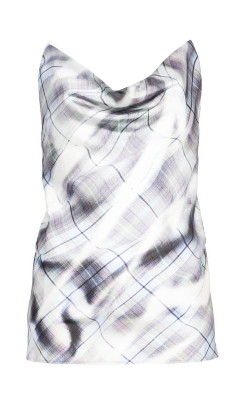 Τοπ σλιγκ με ανοιχτή πλάτη, σατέν μοτίβο καρό/πλέγμα, Cupro ίνα 30–50%, μικροελαστικότητα, άνοιξη 2025