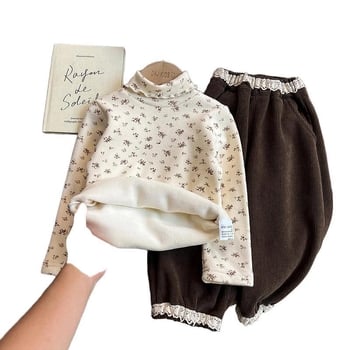 Lányoknak készült fleeces belsővel ellátott, magas nyakú, hosszú ujjú felső, őszi-téli 2025, 85% pamut, lágy felület, 3–8 éveseknek (100–140 cm)