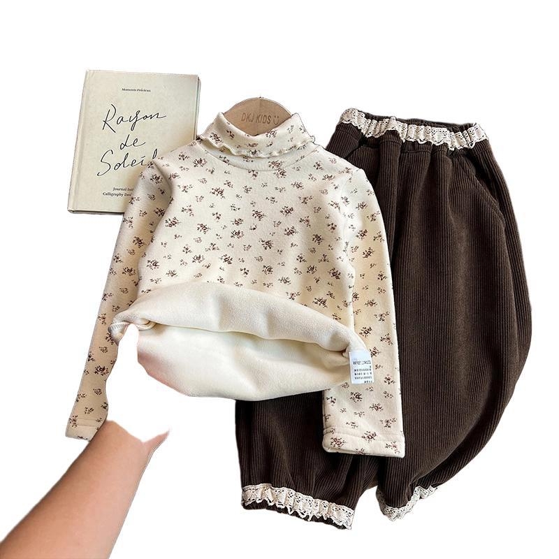 Lányoknak készült fleeces belsővel ellátott, magas nyakú, hosszú ujjú felső, őszi-téli 2025, 85% pamut, lágy felület, 3–8 éveseknek (100–140 cm)