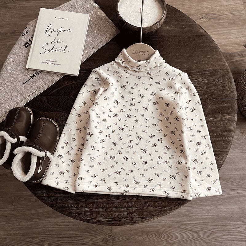 Lányoknak készült fleeces belsővel ellátott, magas nyakú, hosszú ujjú felső, őszi-téli 2025, 85% pamut, lágy felület, 3–8 éveseknek (100–140 cm)