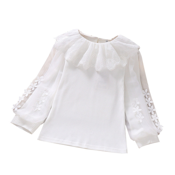 Dječja pamuk bluza s dugim rukavima, prugasti uzorak, čipkasti detalji, korejski stil
