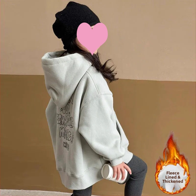 Dievčenská fleecová mikina s kapucňou, hrubá zimná mikina s dlhými rukávmi a vzorom s písmenami