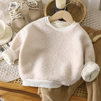 Детска флисова подплатена блуза с дълъг ръкав, унисекс, кръгло деколте, зимна