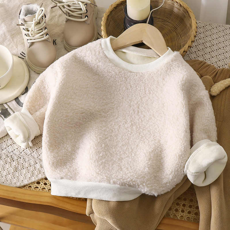 Детска флисова подплатена блуза с дълъг ръкав, унисекс, кръгло деколте, зимна