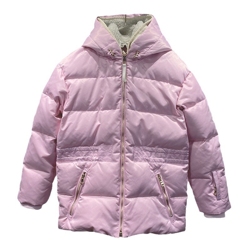 Ženska zimska jakna od perja s kapuljom, zatvaračem, jednofarbna, srednja duljina