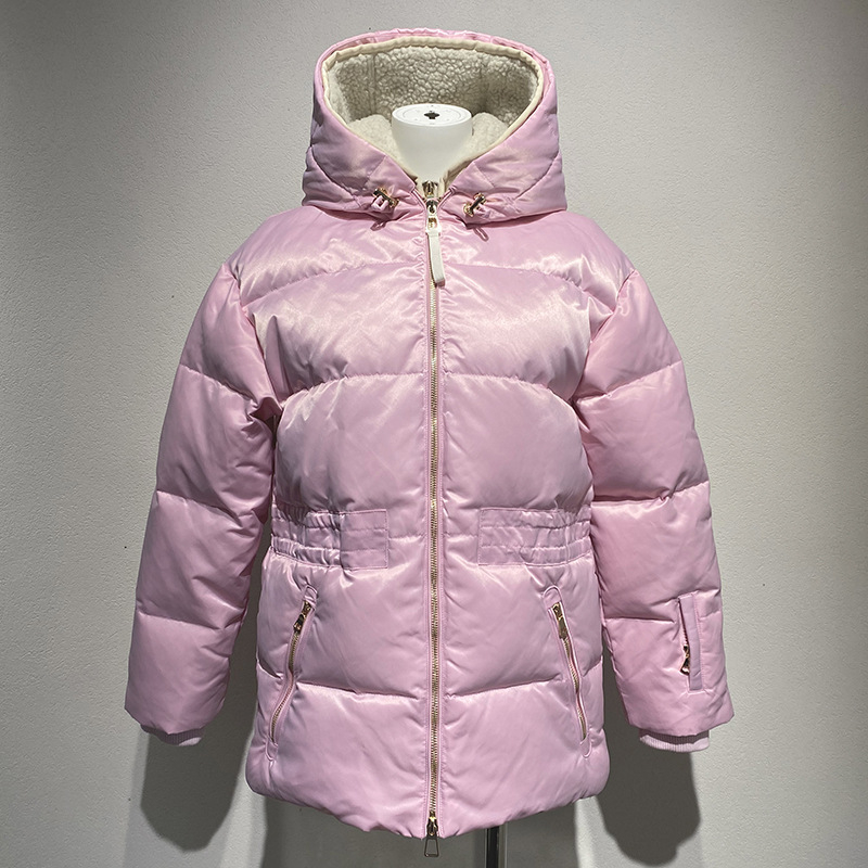 Ženska zimska jakna od perja s kapuljom, zatvaračem, jednofarbna, srednja duljina