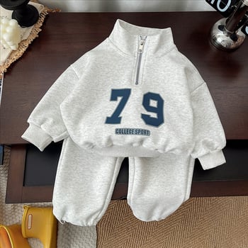Dječji dvodijelni proljetni komplet u korejskom stilu, dugi rukavi, stojeći ovratnik, polu-zip, 90% pamuka, uzorak slova