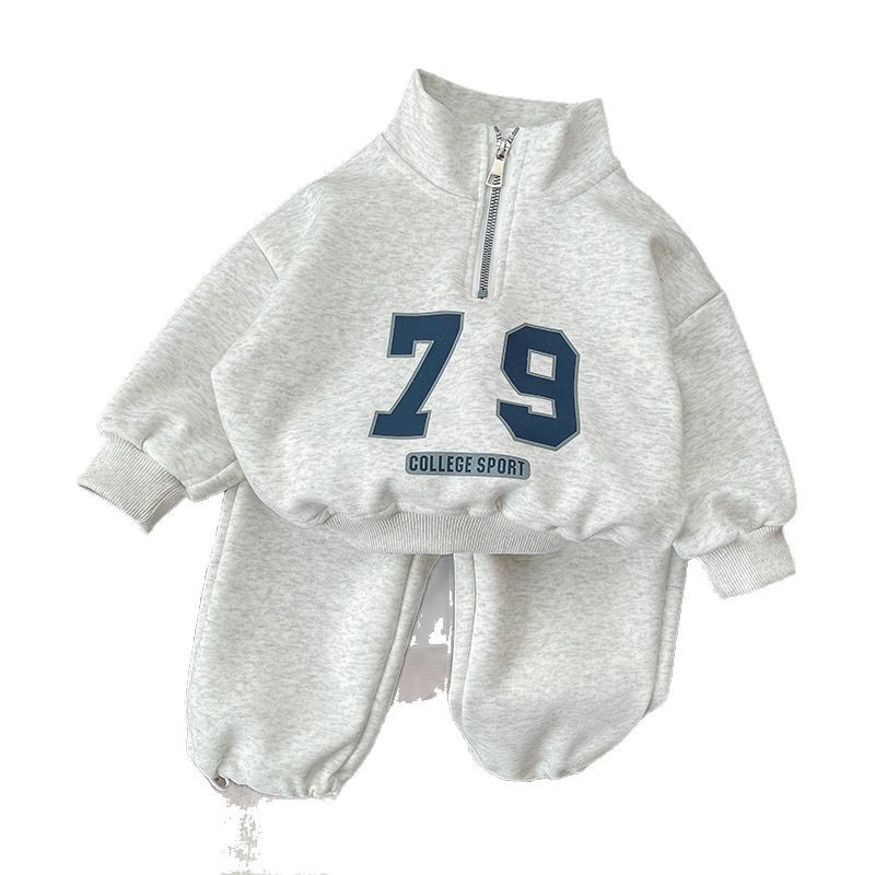 Dječji dvodijelni proljetni komplet u korejskom stilu, dugi rukavi, stojeći ovratnik, polu-zip, 90% pamuka, uzorak slova
