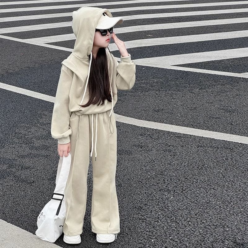 Costum fete din velur cu hanorac și pantaloni - stil coreean, pentru iarnă, primăvară și toamnă, set din două piese, 55% poliester