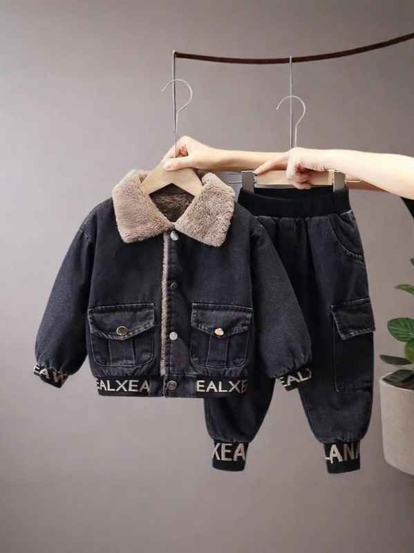 Gyerekeknek szóló denim kétrészes készlet fleece-béléssel, vastag anyag