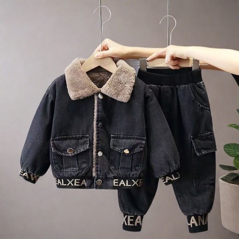 Gyerekeknek szóló denim kétrészes készlet fleece-béléssel, vastag anyag