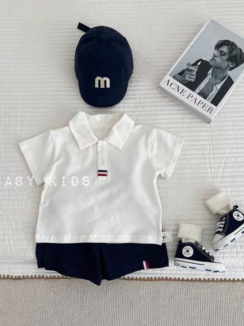 Dječji dvodijelni komplet za dječake: polo majica i šorc, ljeto 2025, sportski stil, pamuk smjesa (95% pamuk), kratki rukavi, polo ovratnik