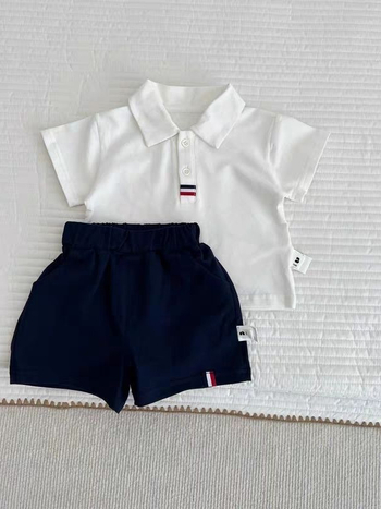 Dječji dvodijelni komplet za dječake: polo majica i šorc, ljeto 2025, sportski stil, pamuk smjesa (95% pamuk), kratki rukavi, polo ovratnik