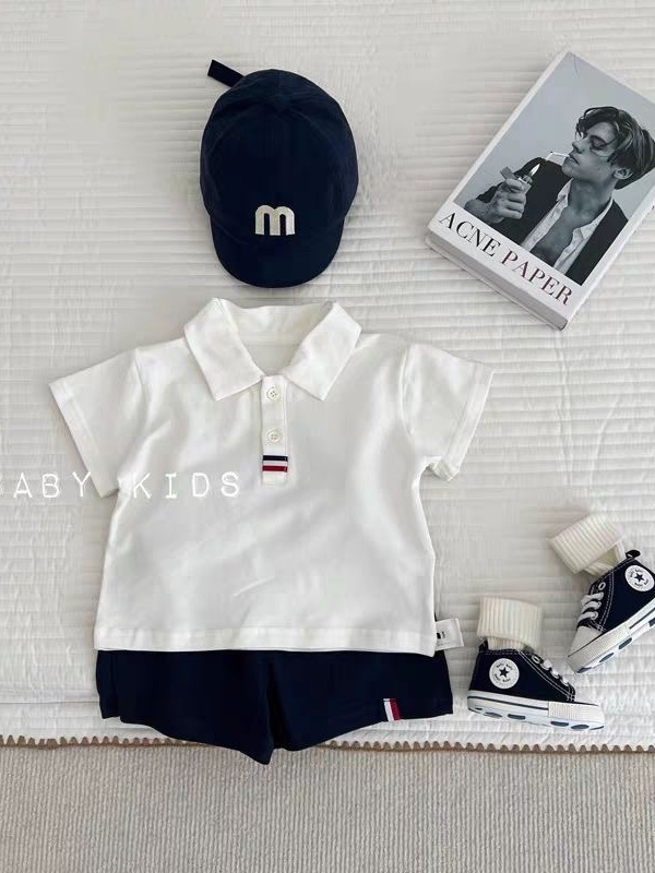 Dječji dvodijelni komplet za dječake: polo majica i šorc, ljeto 2025, sportski stil, pamuk smjesa (95% pamuk), kratki rukavi, polo ovratnik